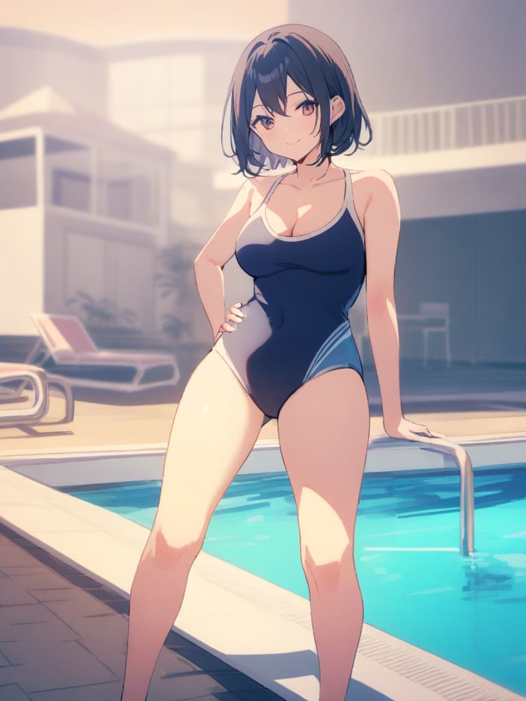  s, s, transveses, short stages, old swimwear (dark blue old ), clear (), (in swimwear), cute smile face, short hair, pool, pool,