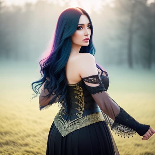  beautiful sorceress with long black hair casting a spell. good skin, clear eyes, smart hair, soft focus, depth of field, 8k photo, hdr, professional lighting, taken with canon eos r5, 75mm lens, low angle shot hyperrealistic, full body, detailed clothing, highly detailed, cinematic lighting, stunningly beautiful, intricate, sharp focus, f/1. 8, 85mm, (centered image composition), (professionally color graded), ((bright soft diffused light)), volumetric fog, trending on instagram, trending on tumblr, HDR 4K, 8K