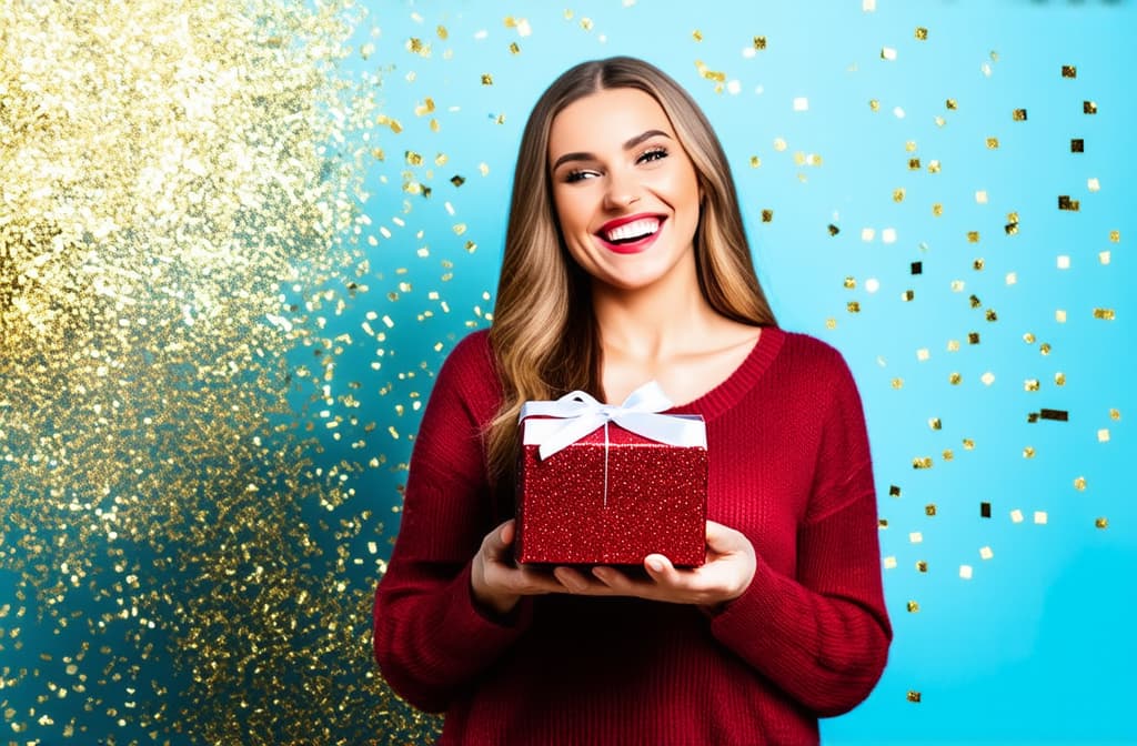  attractive happy smiling woman holding gift box and surrounded by gold confetti, black friday banner ar 3:2 {prompt}, maximum details