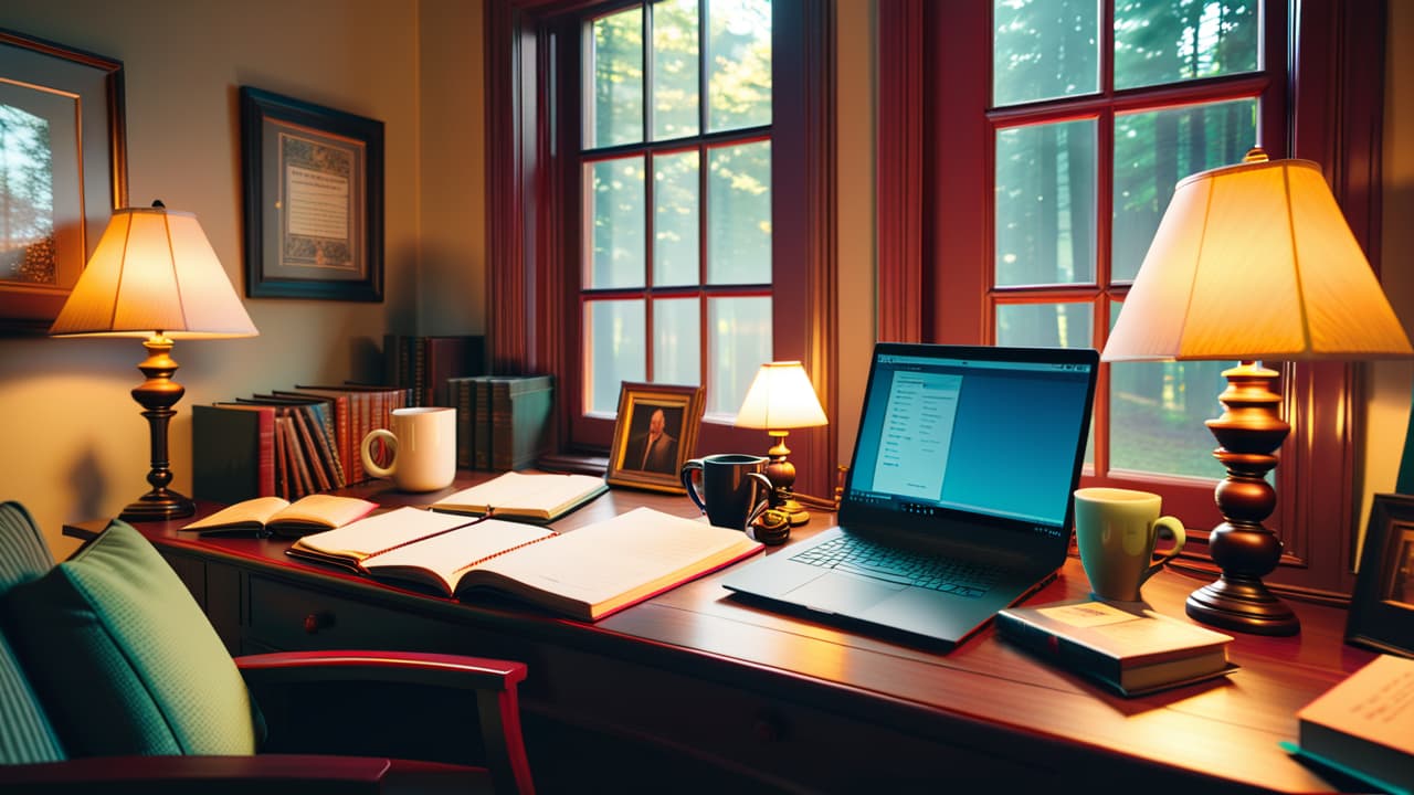  a cozy home office with a desk cluttered with stock market books, a laptop displaying stock graphs, a cup of coffee, and a notepad filled with trading strategies, sunlight streaming through a window. hyperrealistic, full body, detailed clothing, highly detailed, cinematic lighting, stunningly beautiful, intricate, sharp focus, f/1. 8, 85mm, (centered image composition), (professionally color graded), ((bright soft diffused light)), volumetric fog, trending on instagram, trending on tumblr, HDR 4K, 8K