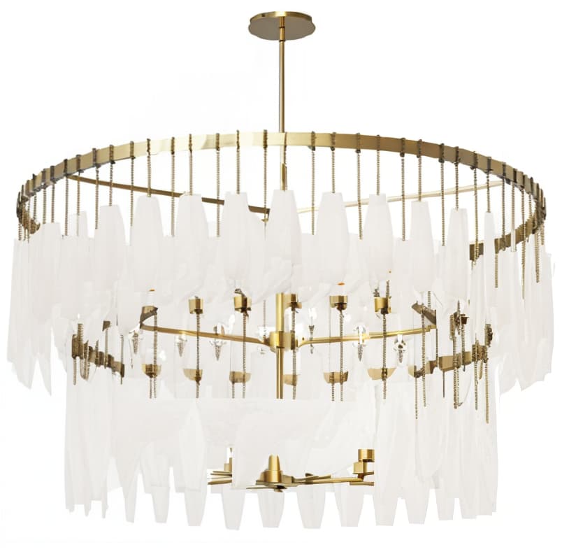  modern style large chandelier, brown feather suspended glass panel, with a golden lamp body.