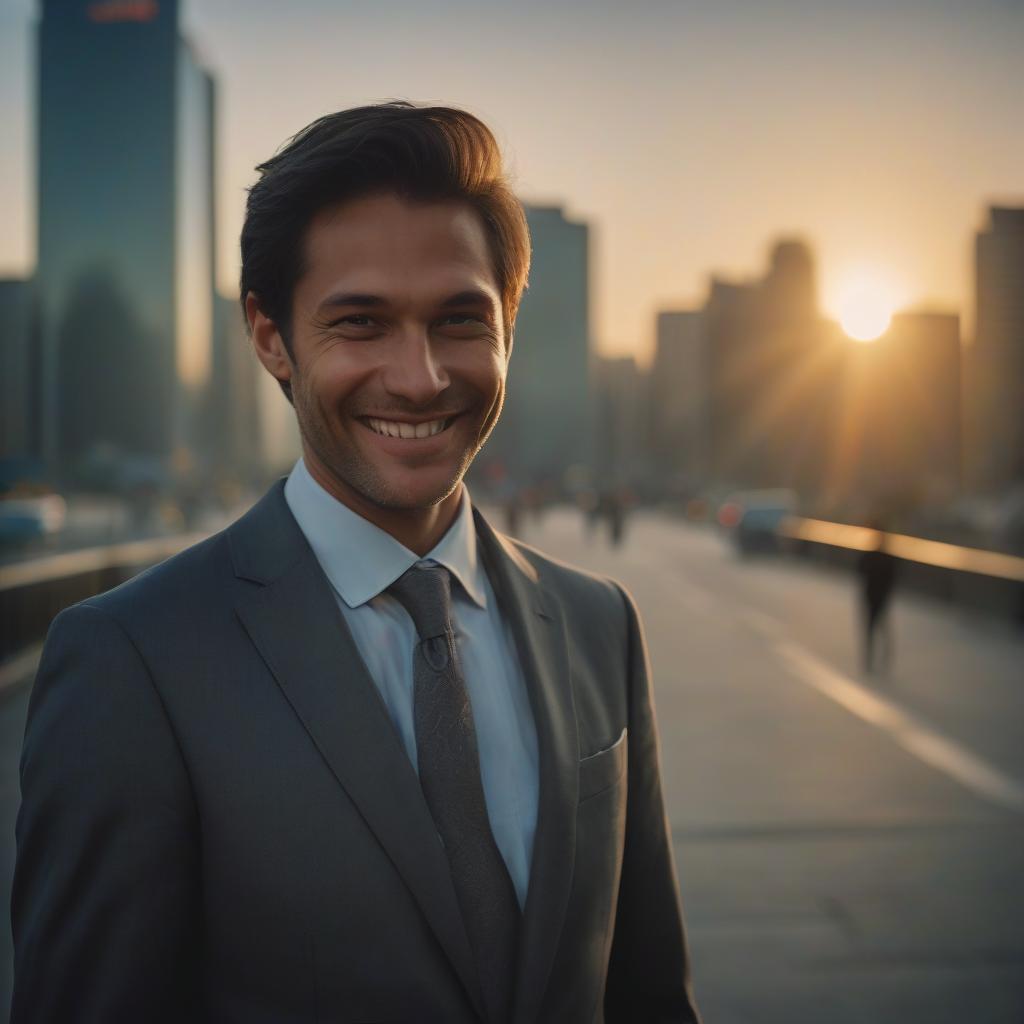  cinematic film still sunrise in the background, a piece of sun is visible, in the foreground a man in a suit, smiles, close up face, photorealism, in the background the city in a blurred focus is slightly dark. . shallow depth of field, vignette, highly detailed, high budget, bokeh, cinemascope, moody, epic, gorgeous, film grain, grainy