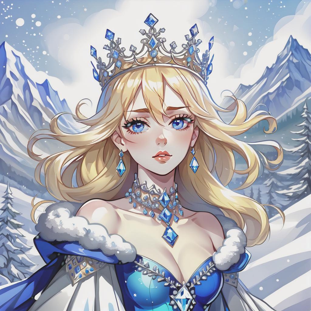  line art drawing (masterpiece, highly detailed, best quality: 1.6), (watercolor: 1.5) (beautiful young blonde: very white skin, shimmering with blue light), blue sad eyes, long wavy hair), in (crown of glaring houstal and diamonds: 1.7), on the snow, polishing, young queen winter, electronic girl, akira's royal outfit, strong emotional power, beautiful female queen portrait. snow, fluttering snowflakes, sparkle of crystal and jewelry, bokeh. stylistics: fantasy, surrealism, neo rococo. the background matches the characters: mountains in the snow, a crystal castle in the gothic style). in the manner of fragonard, durer, alphonse mucha. same nightmare. anime style . professional, sleek, modern, minimalist, graphic, line art, vector graphics