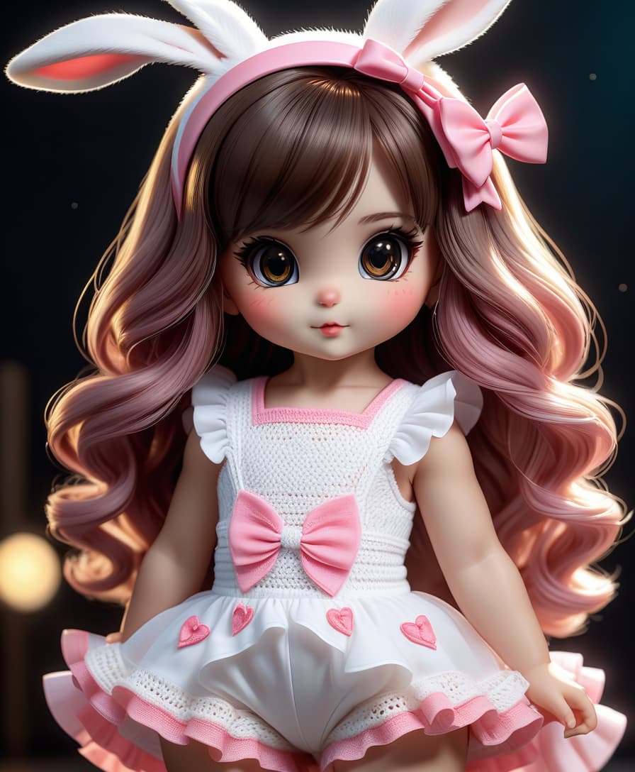  a very cute white and pink fluffy bunny, cute cute, with long floppy and fluffy ears, with a fashionable elegant crochet headband with a bow, and decorations, standing on two legs, in a crocheted white and pink jumpsuit with ruffles, tulle ruffles, with draperies, with ruffled tulle, with a bow, a peplum, very detailed, dressed in beautiful crocheted shoes with a bow, flying fireflies and neon hearts, glare of light, radiance, fabulously beautiful, tenderness, love, aesthetics, professional photo, realism, high resolution, high detail , iso 100, f/2.8, 4k, 1/250 s, 30mm lens, bright light, sticker hyperrealistic, full body, detailed clothing, highly detailed, cinematic lighting, stunningly beautiful, intricate, sharp focus, f/1. 8, 85mm, (centered image composition), (professionally color graded), ((bright soft diffused light)), volumetric fog, trending on instagram, trending on tumblr, HDR 4K, 8K