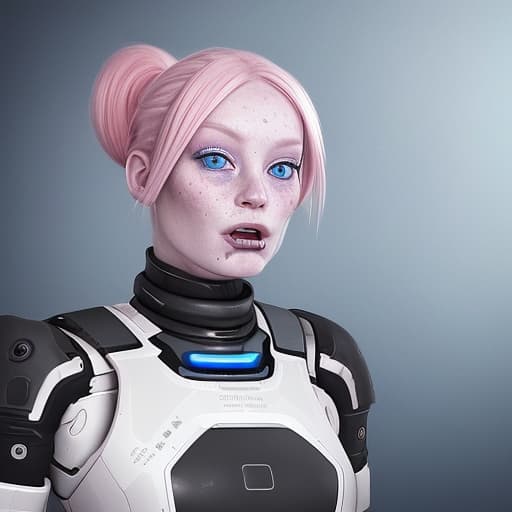  a nordic looking female android, extremely and , with the appearance of a old. , with s, pink hair, blue eyes, freckles, , sticking out her tongue.