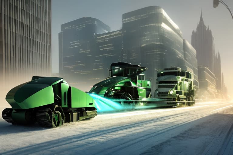 dvarchmodern a snowplow in the city of the future, driving which is a highly detailed hologram of a person, epic concept art by barlowe wayne, ruan jia, light effect, volumetric light, 3d, ultra clear detailed, octane render, 8k, dark green