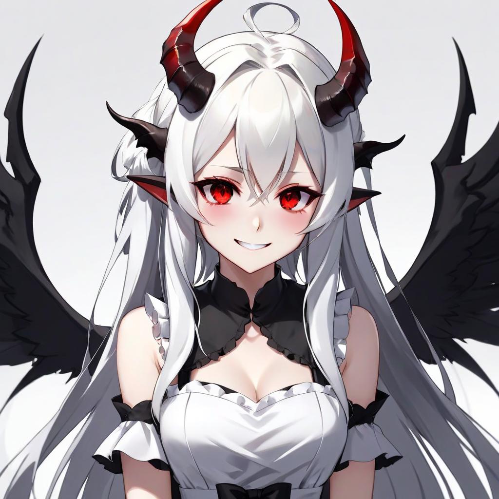  minimalist style anime, maid, girl, demon, smile, red eyes, black pupils, elven ears, white skin, long white hair, black horns, huge black wings, monotonous light background . simple, clean, uncluttered, modern, elegant