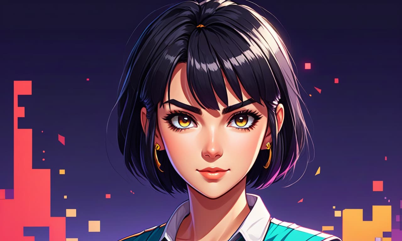  retro game art portrait , beautiful anime girl, with black hair, beautiful eyes, tight shirt , short haircut . 16 bit, vibrant colors, pixelated, nostalgic, charming, fun