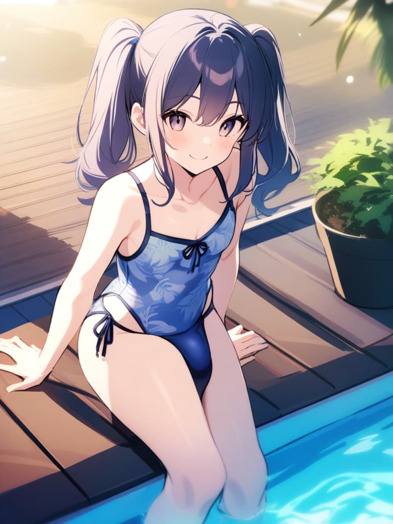  women's elementary students, twin tails, rich smiles, cute smiles, navy blue swimwear, old swimwear, swimwear, simple, male, shaped clear , shaped clear, clear stem, shaped crisp, male bulge,, front. the whole body, pool side,