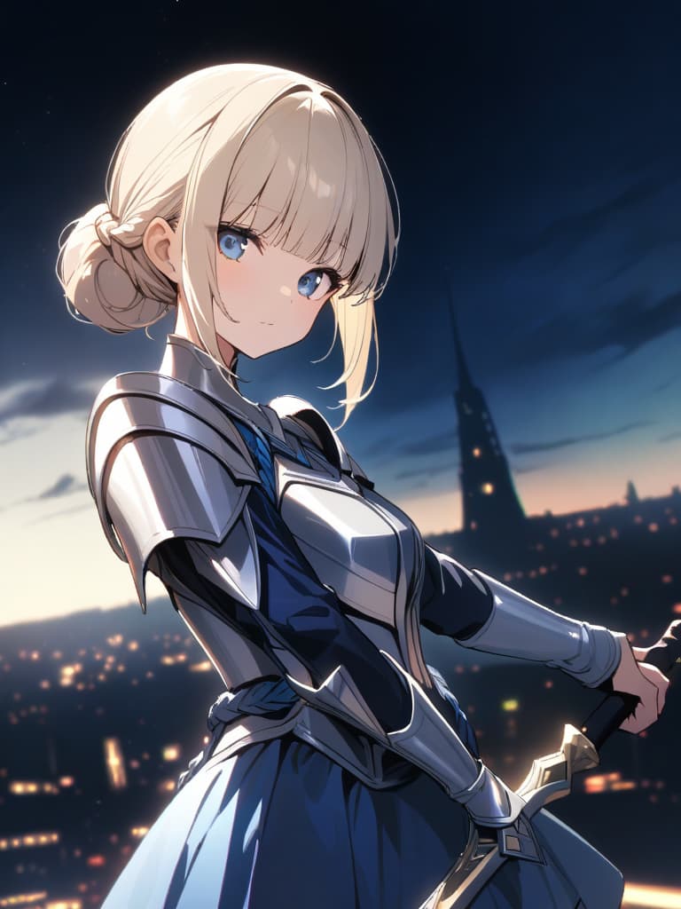  ultra detailed:1.2,masterpiece:1.2,best quality,masterpiece,bestquality,hdr:1.1,8k:1.1,very cute girl:1.3,(silver armor dress,blue dress:1.3)((blond hair,chignon:1.7)),((braided side hair,blunt bangs:1.6)),(blue head ribbon:1.1),(blue eyes:1.3),(holding great sword:1.6)dignified expression:1.3,dutch angle,upper body