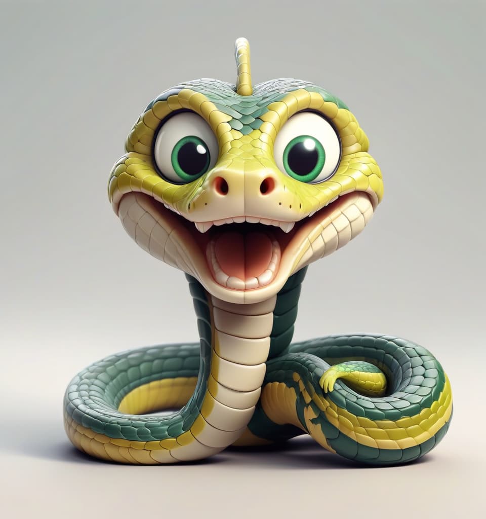  sweet kind cartoon character in the form of a curled snake of green color with detailed scaly skin, 3d in full growth on a white background in a santa cap