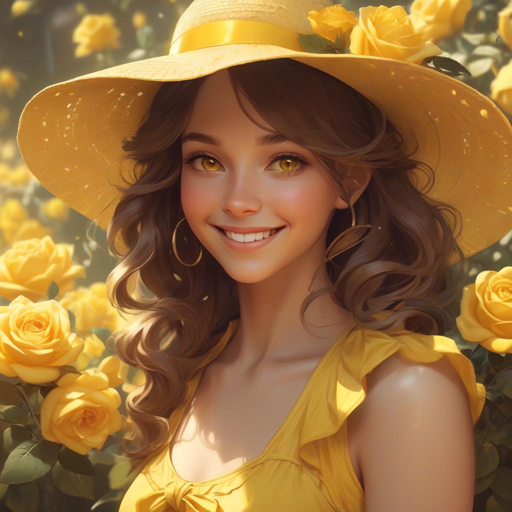  concept art portrait. head and shoulders portrait. a woman in a yellow sundress with a straw sunhat and yellow ribbon, smiling near yellow roses outside, with brown eyes and hair. head and shoulders portrait. inspired by greg rutkowski, artgerm, wlop, alphonse mucha. warm, vibrant triadic colors and dynamic, soft, natural lighting. unreal engine 5, volumetric lighting and hyperdetailed textures. intricately detailed, splash art. trending on artstation. highly realistic. 8k resolution, best quality. masterpiece.