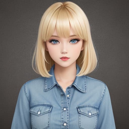  blonde hair, bangs, denim shirt female robot