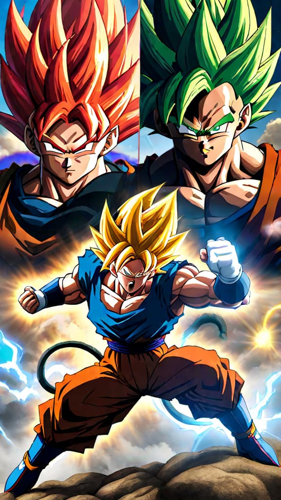  an anime art of goku (dragon ball), jiren (dragon ball), vegeta (dragon ball), and broly (dragon ball) unleashing immense energy. hyperrealistic, full body, detailed clothing, highly detailed, cinematic lighting, stunningly beautiful, intricate, sharp focus, f/1. 8, 85mm, (centered image composition), (professionally color graded), ((bright soft diffused light)), volumetric fog, trending on instagram, trending on tumblr, HDR 4K, 8K