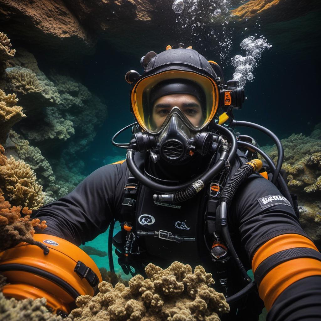  jb name, male, rebreather diver, thick loops, helmet in orange, cave diver, underwater, face view diver, fresh water, shoulder view, jb, mystical style