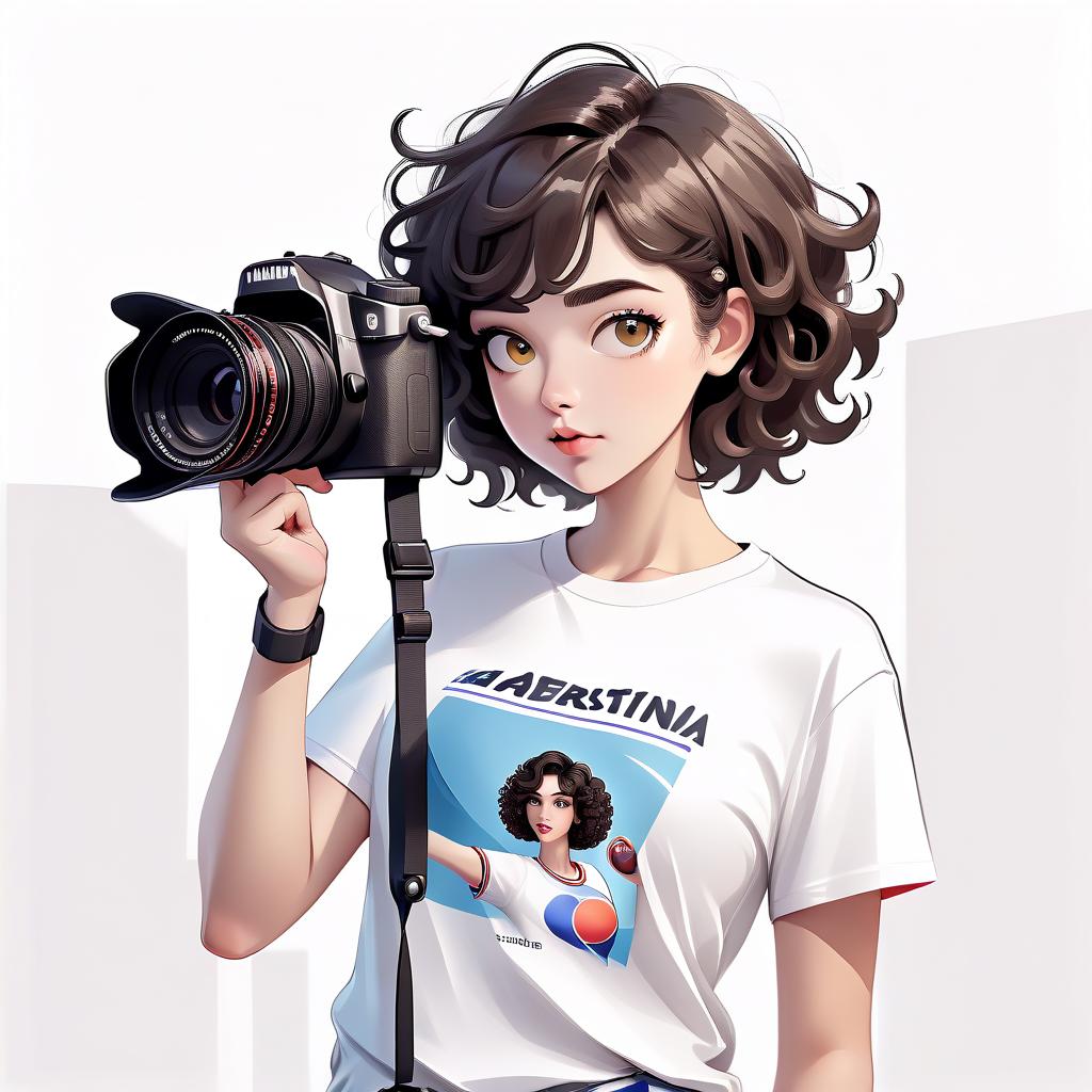  advertising poster style in the foreground, an adult girl with short curly dark hair holds a camera in her hands, she is wearing a sports t shirt, white walls in the background, photos weigh on white walls . professional, modern, product focused, commercial, eye catching, highly detailed