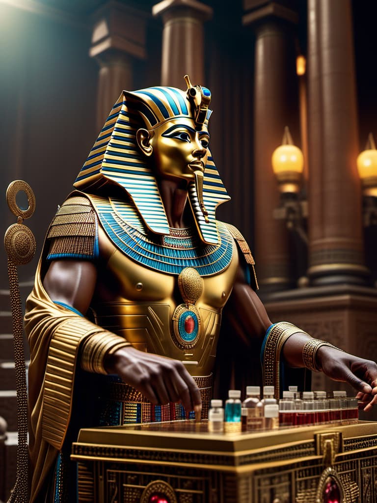  pharaoh picks up a medicine box and viruses fall out of it. , ((realistic)) hyperrealistic, full body, detailed clothing, highly detailed, cinematic lighting, stunningly beautiful, intricate, sharp focus, f/1. 8, 85mm, (centered image composition), (professionally color graded), ((bright soft diffused light)), volumetric fog, trending on instagram, trending on tumblr, HDR 4K, 8K