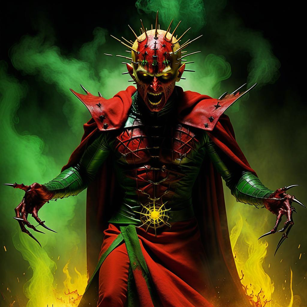  demon hellraiser bloodsucker pretends to be a saint wrapped in a red blanket of wounds strewn with spines of blades mucus in yellow and green smoke fire and sparks of tentacle ring claws scream and horror