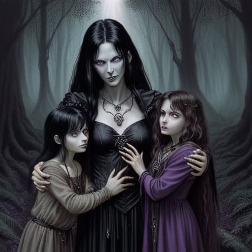  80's fantasy art, dark warlock giving a beautiful magical necklace to a terrified mother holding her children in a forest. The warlock has black hair, deep red eyes, and a sinister gaze, while the mother is weary and scared. The forest is dark and filled with twisted trees that add to the eerie atmosphere.