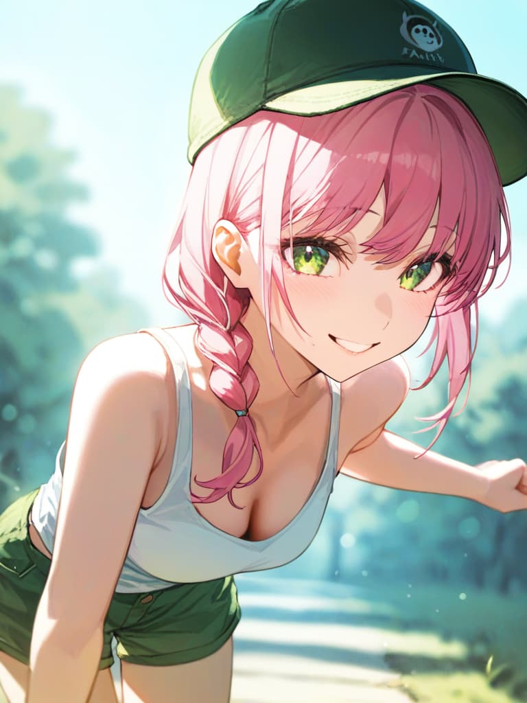  pink hair, braid hairstyle, green hat, white tank top, green shorts, jumping, blue sky, smile, masterpiece, best quality,8k,ultra detailed,high resolution,an extremely delicate and beautiful,hyper detail