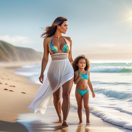  A mom and her are on the beach. hyperrealistic, full body, detailed clothing, highly detailed, cinematic lighting, stunningly beautiful, intricate, sharp focus, f/1. 8, 85mm, (centered image composition), (professionally color graded), ((bright soft diffused light)), volumetric fog, trending on instagram, trending on tumblr, HDR 4K, 8K