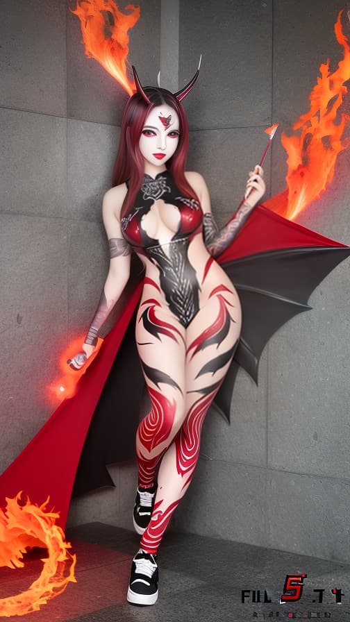  Full body red and silver flame pattern body paint,grey body paint on the whole body, red flame pattern face paint on the face, succubus, full body image 女性