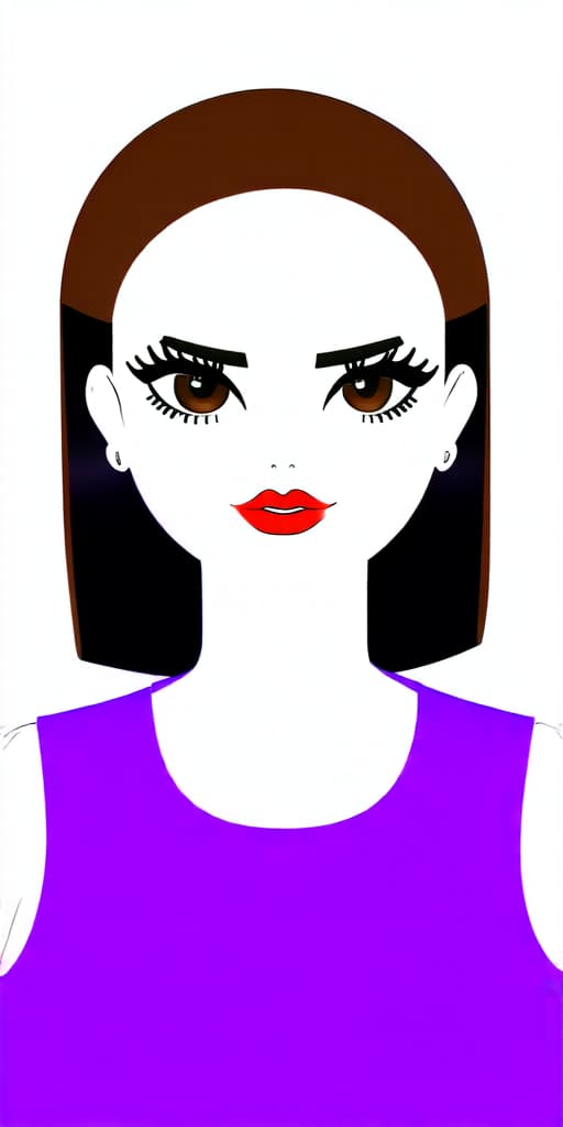  digital illustration of a female character with smooth, light skin tone, large almond shaped brown eyes with prominent black eyebrows and long eyelashes, small straight nose,and without hair ,full red lips, wearing a bright purple sleeveless top, transparent background, cartoonish style with polished glossy finish.