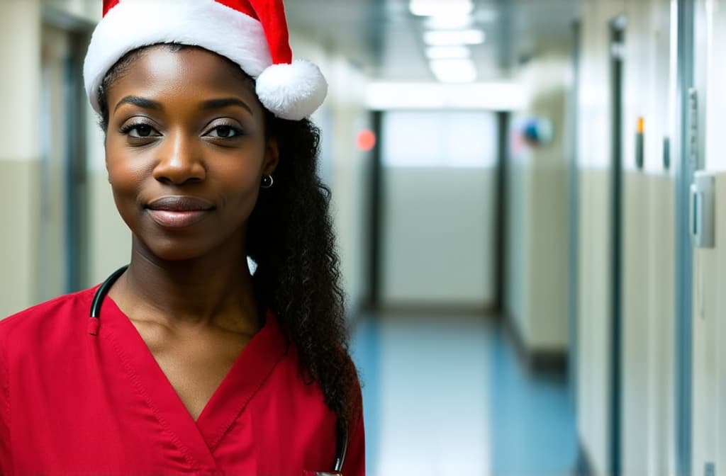  black female doctor in santa hat in hospital corridor on left, atmospheric, on right space for text ar 3:2, (natural skin texture), highly detailed face, depth of field, hyperrealism, soft light, muted colors