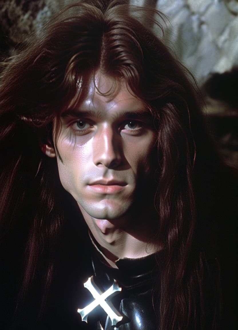  dvd screengrab, young man with long hair from 1982 dark fantasy film, "excalibur"