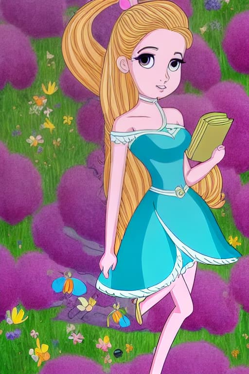 hasbulla person A picture in the style of Winx of a young woman with light pink hair and green eyes. Her hair is very long and straight. Her hair is parted in the middle. She is holding a book. She is standing in a flower garden. She is wearing an off-shoulder ballgown.