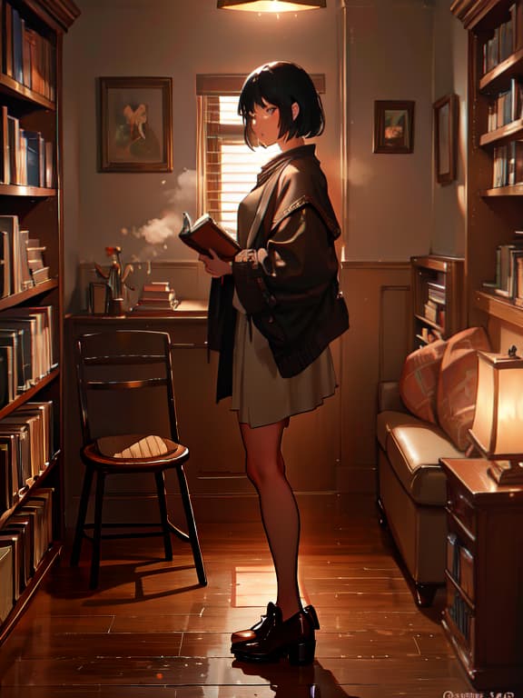  master piece, best quality, ultra detailed, highres, 4k.8k, black haired, short haired, timid personality., standing in contemplation, gazing at a book., subdued and introverted., break shy and reserved individual., cozy library corner., bookshelves, reading lamp, comfortable armchair, scattered books., break quiet and peaceful., soft lighting, warm color palette. hyperrealistic, full body, detailed clothing, highly detailed, cinematic lighting, stunningly beautiful, intricate, sharp focus, f/1. 8, 85mm, (centered image composition), (professionally color graded), ((bright soft diffused light)), volumetric fog, trending on instagram, trending on tumblr, HDR 4K, 8K