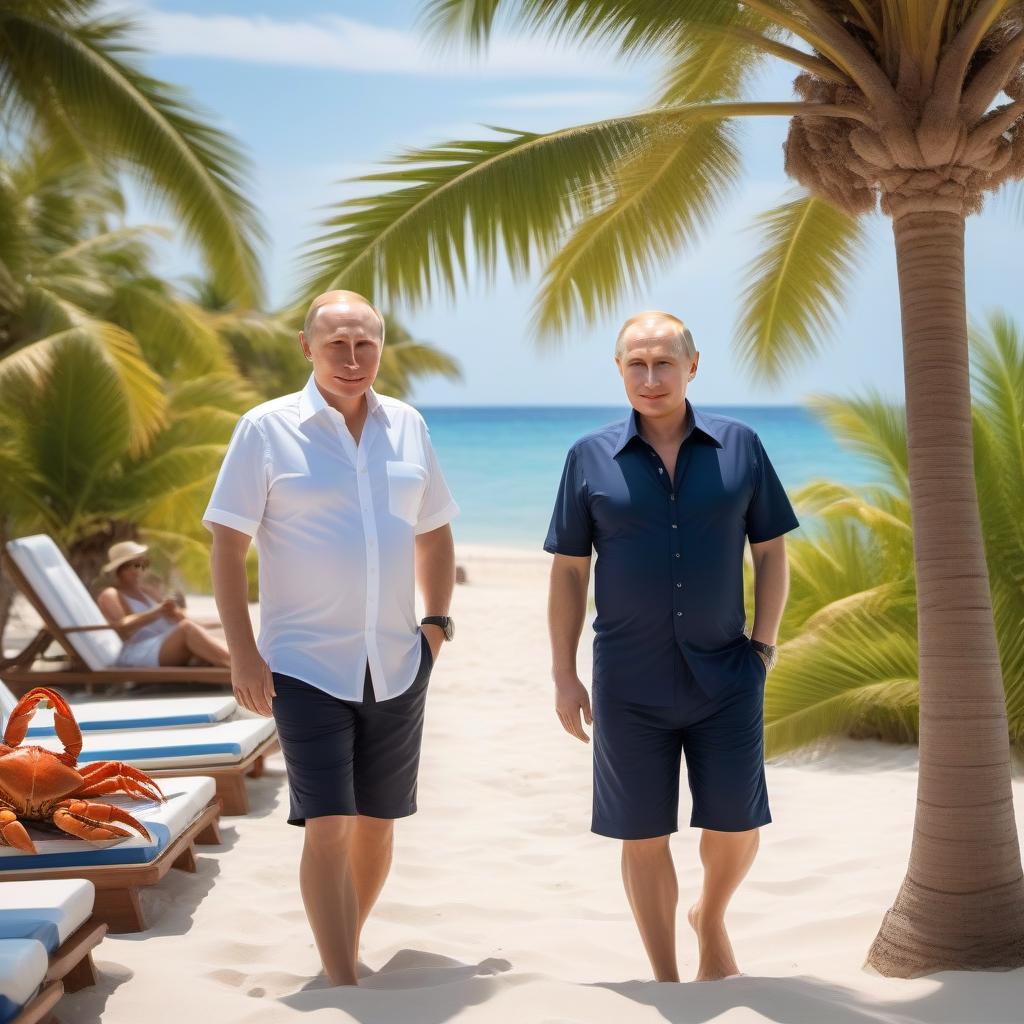  Putin and Trump on vacation by the sea, on sun beds , in shirts and shorts , a mug of beer in hand , sand , crabs , palm trees , very beautiful nature, high detail, quality 50000K