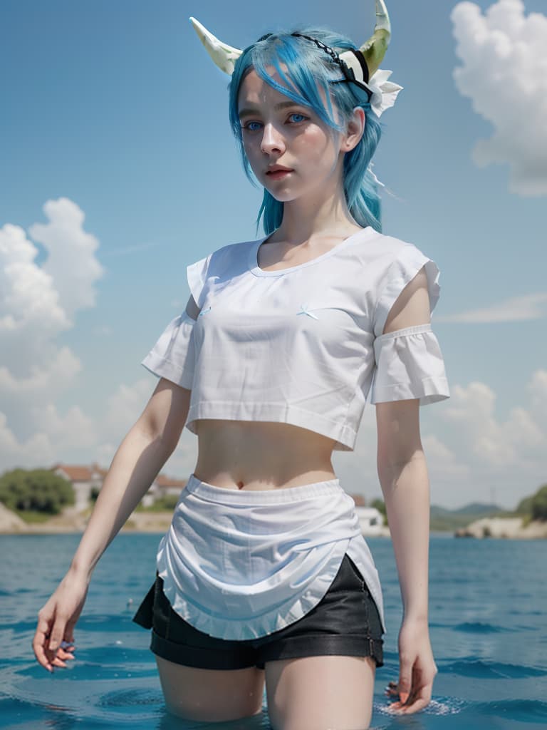  white shirts, blue haired shorts, black skirts, blue eyes, girls, girls, above water, under the blue sky, small white horns, masterpiece, best quality,8k,ultra detailed,high resolution,an extremely delicate and beautiful,hyper detail