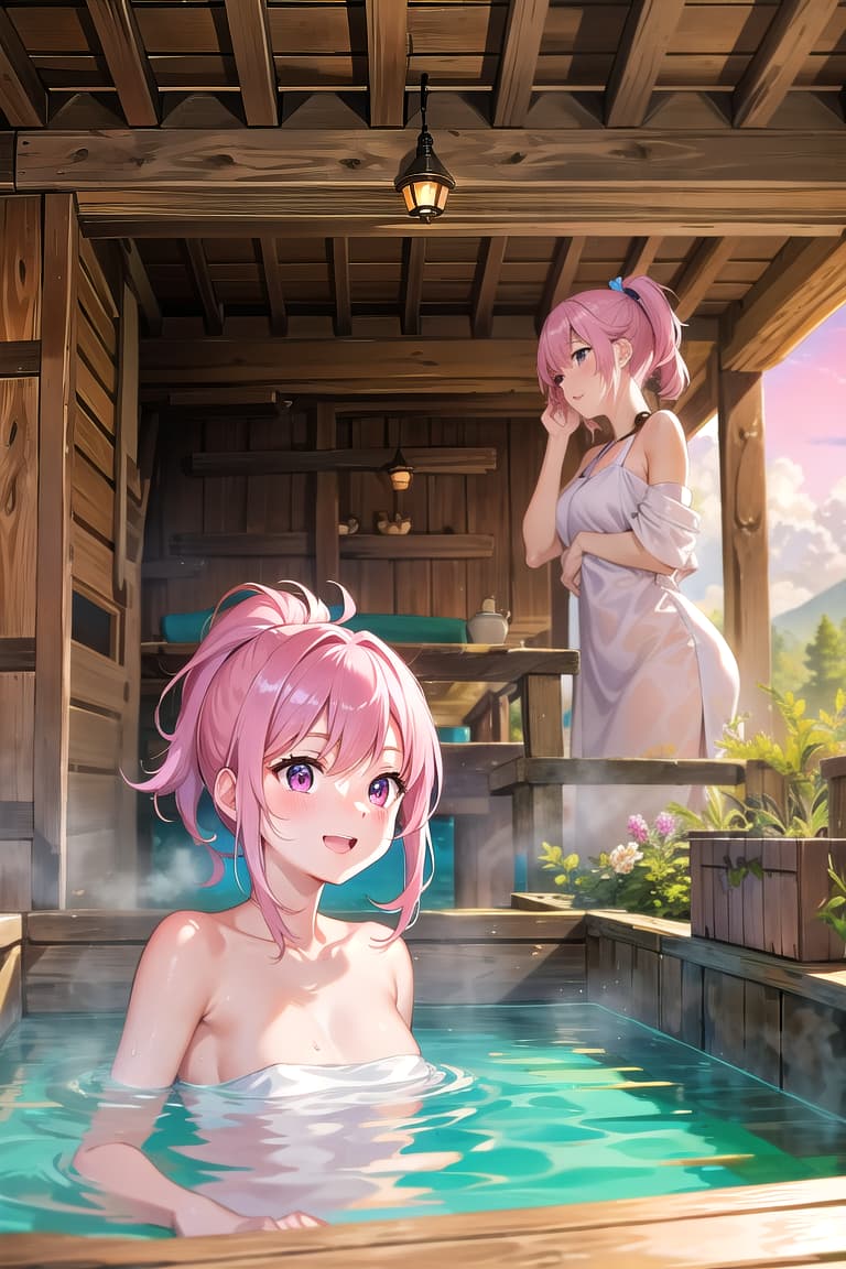  r 18, , middle , ,random situation, pink haired ,ponytail,large eyes,capture a fun selfie moment with your smartphone in hand. Strike a pose, flash and snap a photo to remember. women, laughing and chatting, enjoying a relaxing day at the hot springs. BREAK,Each woman holds a small towel, strategically covering their bodies, with billowing clouds of steam swirling around them. The towels are vint, with patterns of flowers and birds. BREAK,Capture the scene from a low angle, emphasizing the women's relaxed poses, with some sitting, some standing, and others leaning against the traditional wooden walls of the hot spring house. BREAK,The background is a beautiful, rustic hot spring resort, with wooden structures and natu