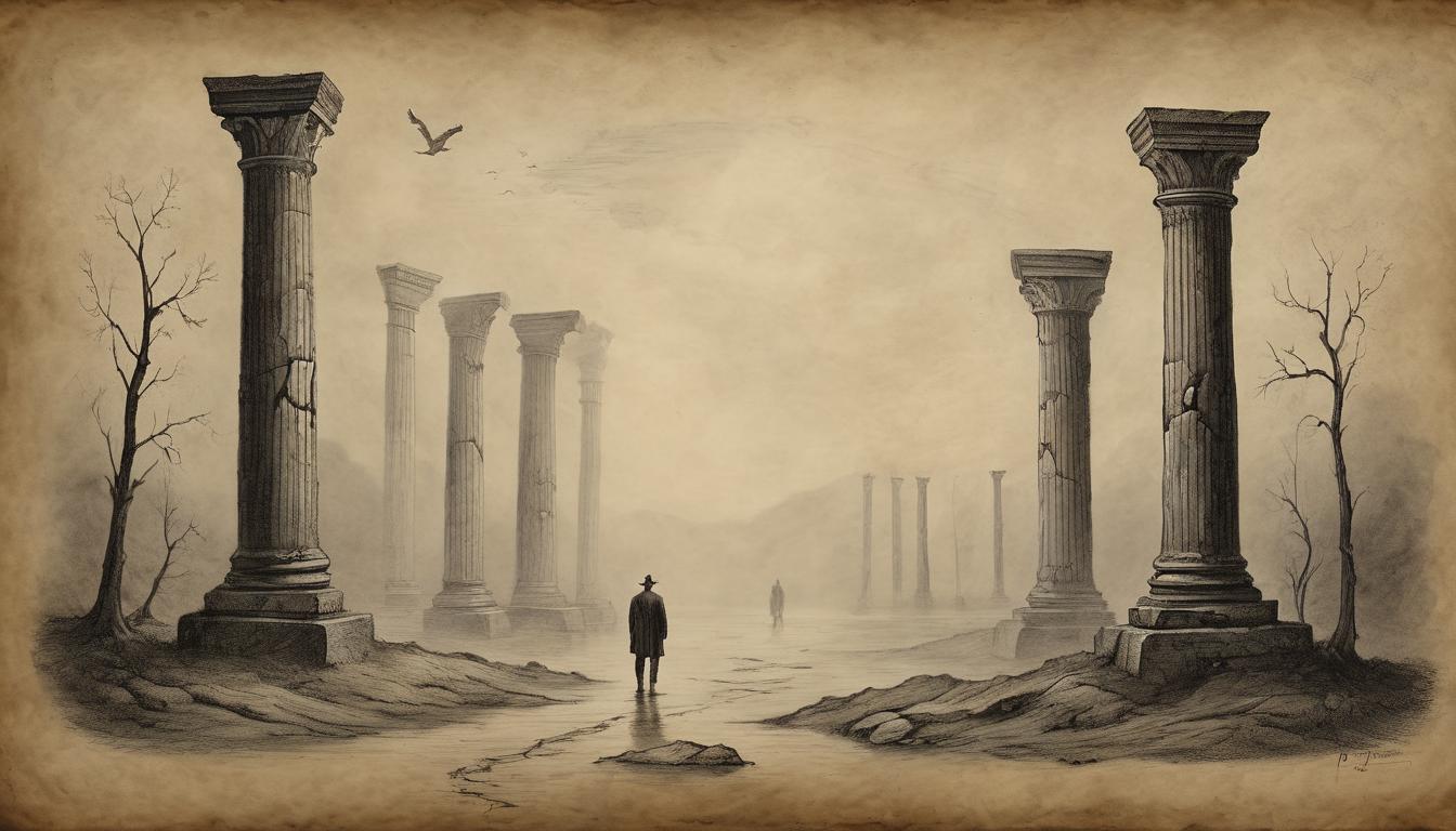  on parchment, surrealism++, a somber landscape with broken pillars, misty atmosphere, fallen leaders, profound failure, loss of legacy(mysterious, provocative, symbolic)++