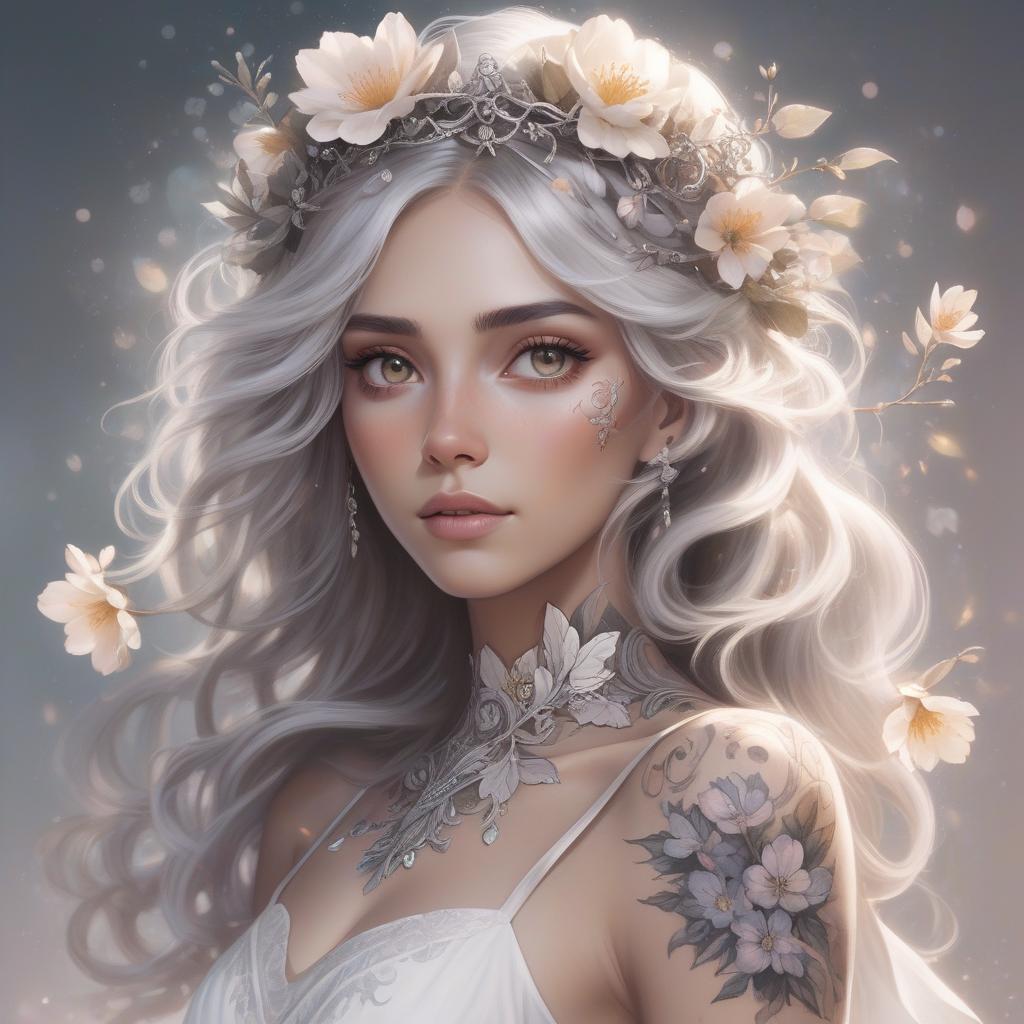  a fantasy illustration of a woman with floral adornments and wavy silver hair, exuding a magical, ethereal aura. a photorealistic portrait of a woman with silver hair and a delicate flower crown adorned with small, intricate gears. her eyes are a deep brown, and her skin is flawless, with a hint of blush on her cheeks. she has a small, delicate tattoo of a flower on her cheek. she is wearing a simple, elegant white dress