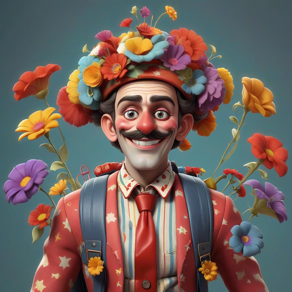  a circus man who is musical, funny, friendly with children. clothes with bright flowers. the headdress is original with notes. he has a backpack on his back