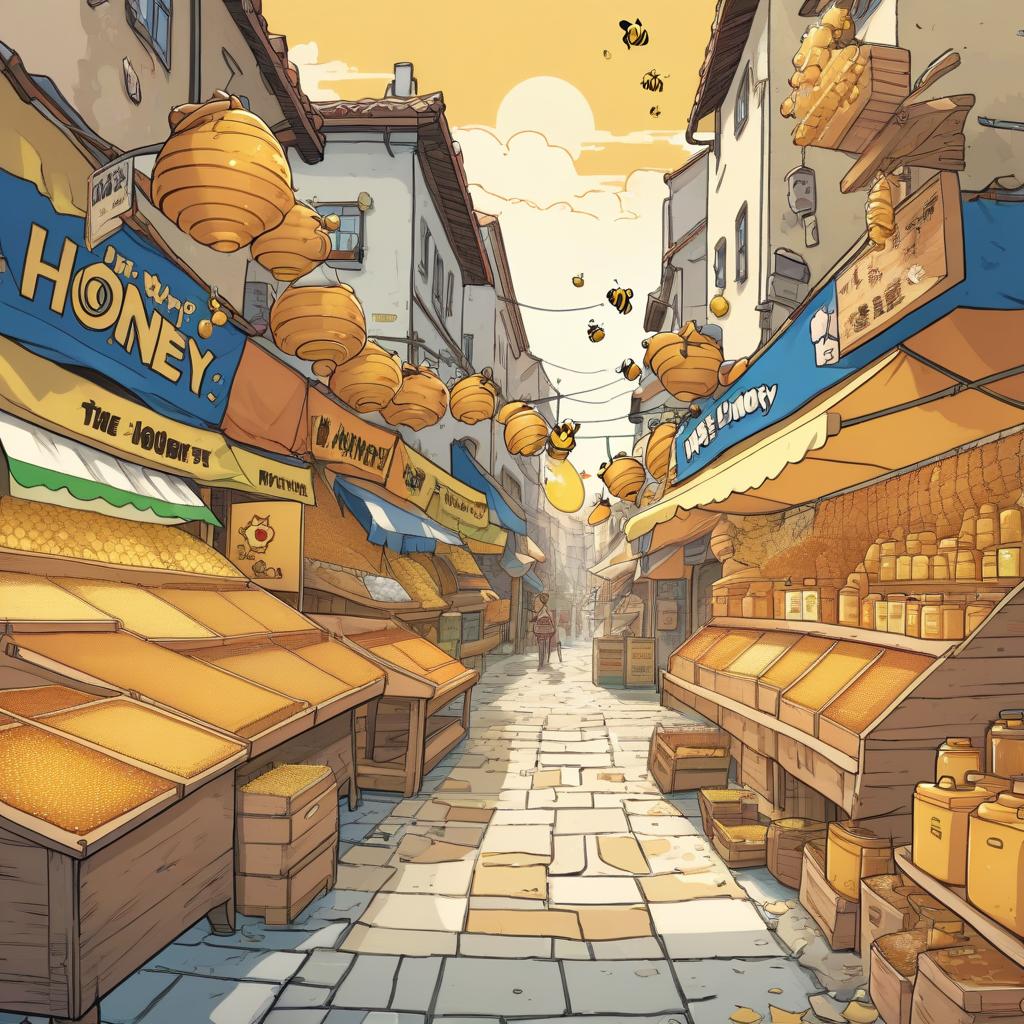  colored comic book image. the street where the honey festival is held. there are a lot of shops that sell honey.