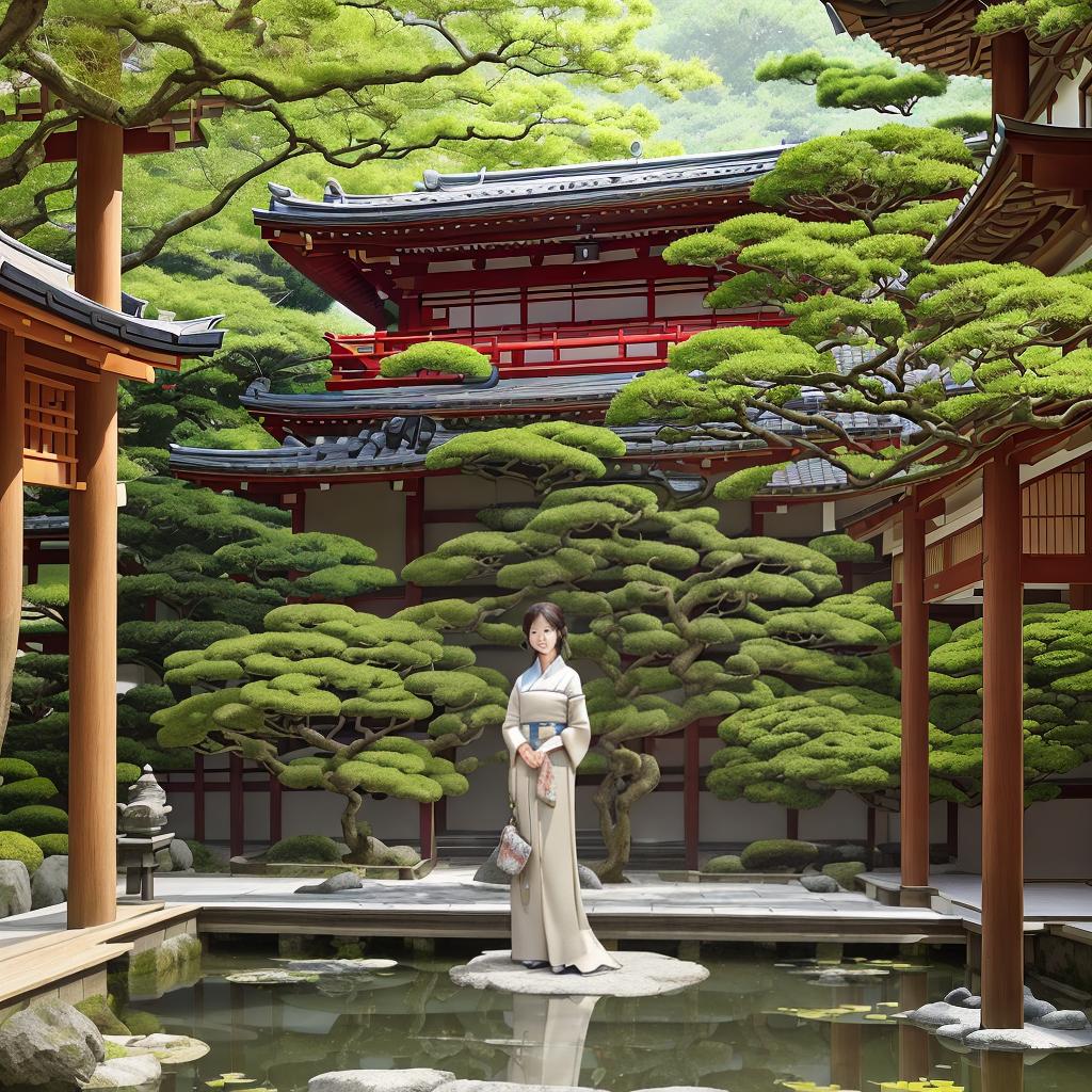  Masterpiece, best quality, Description: A young woman stands in an elegant Japanese garden. She has curly dark brown hair and wears an elegant ivory strapless dress. The background is a quiet Japanese courtyard surrounded by manicured green shrubs, round stones and a small pond. There are a few stones on the edge of the pond and some lotus leaves on the water. There are also traditional Japanese architectural elements in the background, wooden structures and gray tile roofs. The environment is fresh and quiet, the trees are shady and the sun is soft, presenting a peaceful and harmonious atmosphere. Women slightly bow their heads, stand sideways, and have an elegant posture.