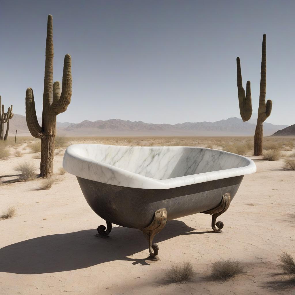  an antique marble steamer tub rides across the desert on iron legs.