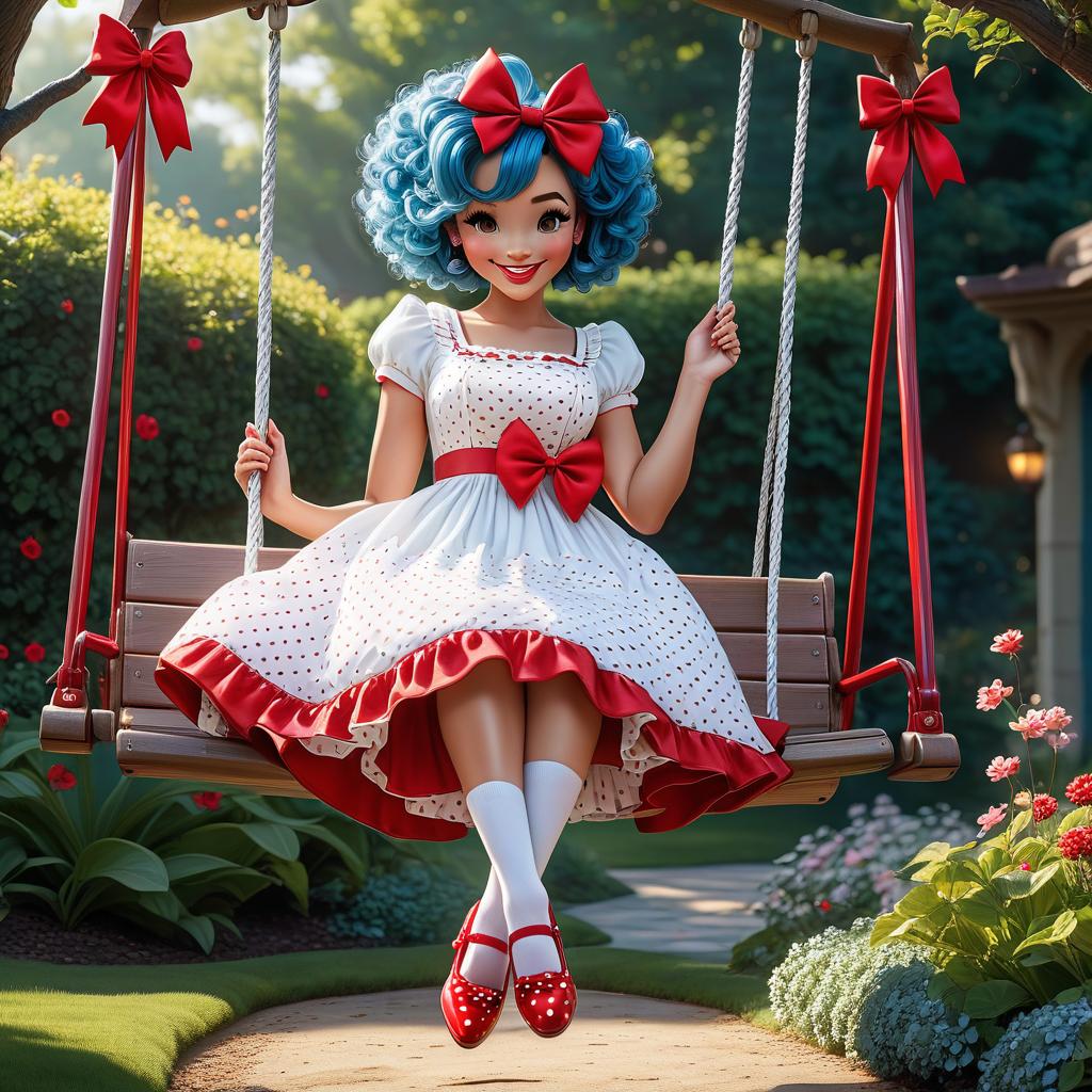  breathtaking cute mischievous with curly blue hair and a big red bow on her head, smiling, dressed in a white dress with red polka dots, puffy , white socks on her feet, beautiful red shoes. swings on a swing in the garden. cartoon image in disney style . award winning, professional, highly detailed hyperrealistic, full body, detailed clothing, highly detailed, cinematic lighting, stunningly beautiful, intricate, sharp focus, f/1. 8, 85mm, (centered image composition), (professionally color graded), ((bright soft diffused light)), volumetric fog, trending on instagram, trending on tumblr, HDR 4K, 8K