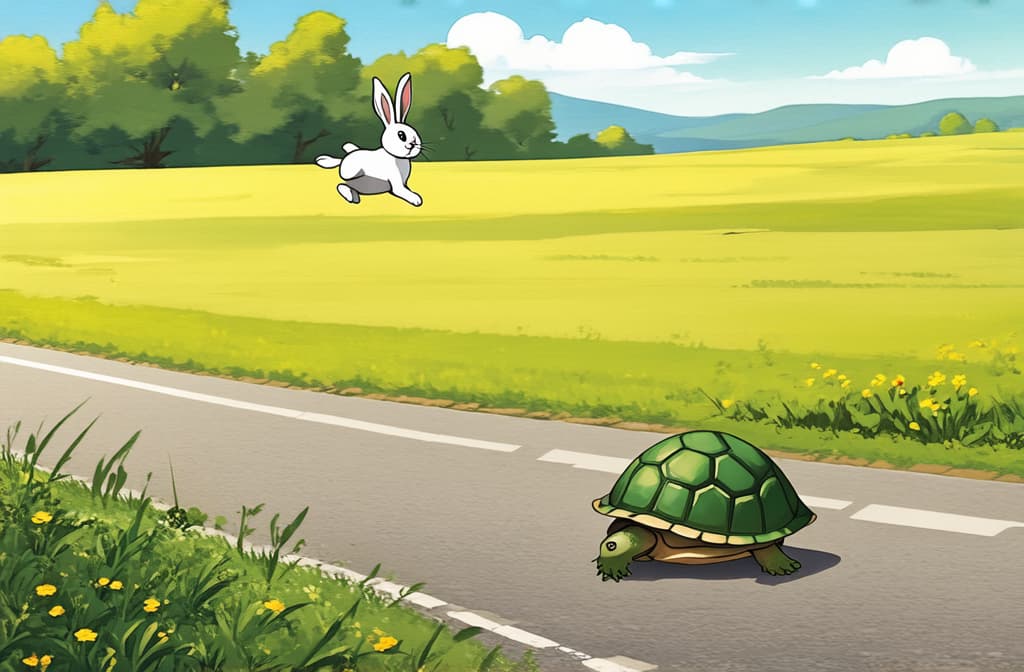  flat illustration, flaticon, (illustration:1.15), bunny jumping after turtle on a road ar 3:2, [cory loftis, strobist, pascal campion :: 0.2]