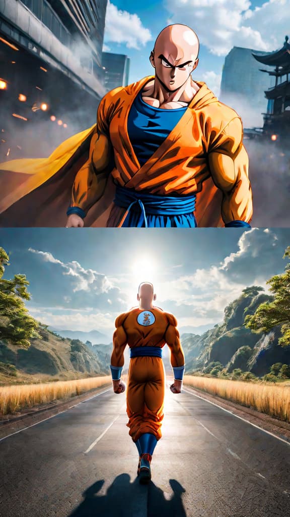  anime art: saitama's punch faces goku's limitless evolution—what outcome do you envision in this iconic clash? hyperrealistic, full body, detailed clothing, highly detailed, cinematic lighting, stunningly beautiful, intricate, sharp focus, f/1. 8, 85mm, (centered image composition), (professionally color graded), ((bright soft diffused light)), volumetric fog, trending on instagram, trending on tumblr, HDR 4K, 8K