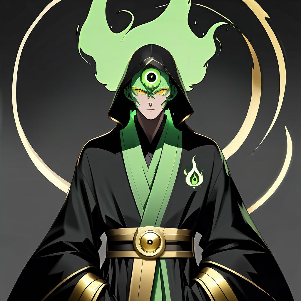  minimalist style a green fire with eyes in a black and gold robe. . simple, clean, uncluttered, modern, elegant