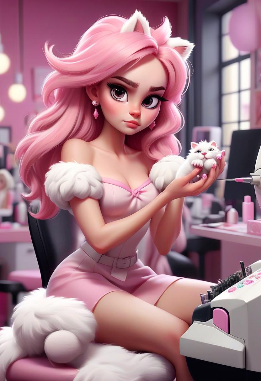  concept art cute young woman with fluffy paws as hand and pinky claws at nail design studio . digital artwork, illustrative, painterly, matte painting, highly detailed, perfect hands, perfecteyes