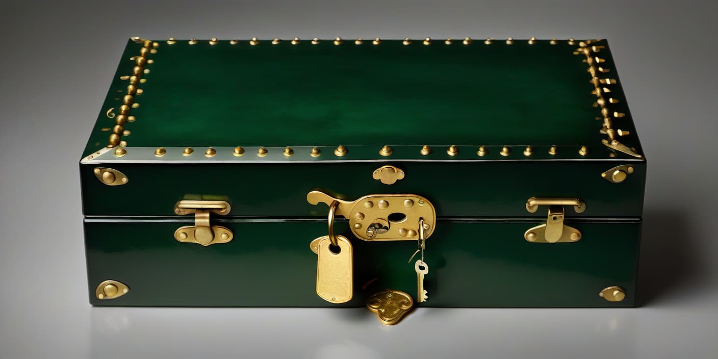  i look into a large, open, vintage, lacquered box with keys and a tool. with golden rivets. it's flat, right in front of my face, covered in green velvet. against a transparent background