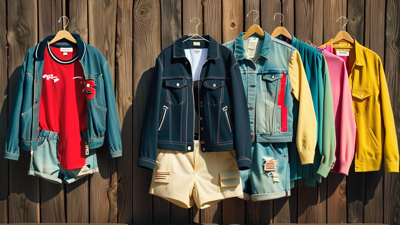  a collage of upcycled clothing items, featuring an oversized, mismatched jacket with visible stains, a patched pair of shorts, and a dress with a broken zipper, all displayed against a rustic wooden background. hyperrealistic, full body, detailed clothing, highly detailed, cinematic lighting, stunningly beautiful, intricate, sharp focus, f/1. 8, 85mm, (centered image composition), (professionally color graded), ((bright soft diffused light)), volumetric fog, trending on instagram, trending on tumblr, HDR 4K, 8K