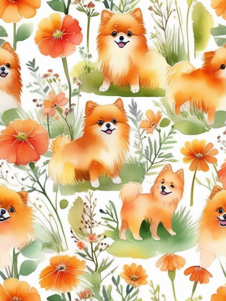  watercolor style,one cute orange pomeranian,cosmos flower field,