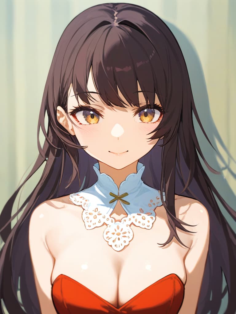  gentle illustration {clean beautiful girl:1.7}{dark brown hair:1.5}{shiny straight long hair:1.7}{half up:1.5}{gentle smile:1.5}{she is wearing a dress with white collar on dark blue background:1.7}{upper body} masterpiece,high quality,16k,super analysis