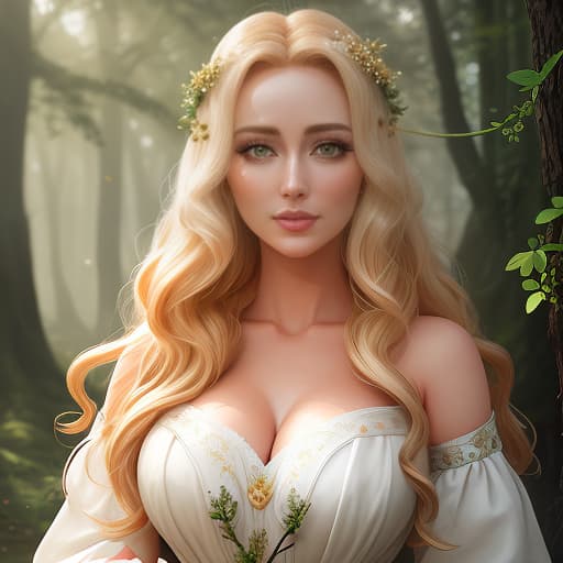  golden wave hair, soft smile, happy eyes, green eyes, light skin, scrubbed springs on the cheeks, white gown in roman style with golden octums, glued from four leaf clovers, the horn of isom, forest, sunshine, through the winds of the trees hyperrealistic, full body, detailed clothing, highly detailed, cinematic lighting, stunningly beautiful, intricate, sharp focus, f/1. 8, 85mm, (centered image composition), (professionally color graded), ((bright soft diffused light)), volumetric fog, trending on instagram, trending on tumblr, HDR 4K, 8K